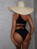 Solid Color Hollow Slash Shoulder One-Piece Swimsuit