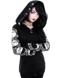 Women Black Punk Peng Hooded Moon Print Long Sleeve Top
