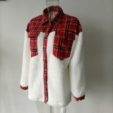 Women Turndown Collar Leopard Plaid Print Furry Patchwork Contrast Warm Long Sleeve Shirt