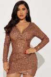 Women Long Sleeve Sequins Mini Dress