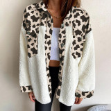 Women Turndown Collar Leopard Plaid Print Furry Patchwork Contrast Warm Long Sleeve Shirt