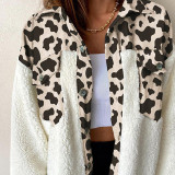 Women Turndown Collar Leopard Plaid Print Furry Patchwork Contrast Warm Long Sleeve Shirt
