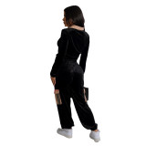 Autumn And Winter Women's Clothing Printed Plaid Patchwork Velvet Long-Sleeved Two-Piece Trousers Set