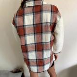 Women Turndown Collar Leopard Plaid Print Furry Patchwork Contrast Warm Long Sleeve Shirt