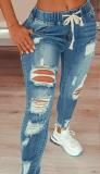 Elastic Waist Women's Denim Pants High Waist Ripped Tie-Up Jeans