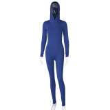 Women Winter Solid Long Sleeve Hooded Backless Sports Jumpsuit