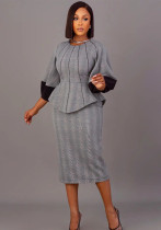 Women Print Patchwork Armhole Long Sleeve Top and Skirt Two-piece Set