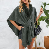 Plus Size Women autumn and winter furry collar loose knitting cloak shawl coat