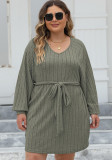 Plus Size Women Lace-Up Ribbed V-Neck Casual Dress