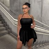 Women Solid Halter Neck Pleated Irregular Mini Dress