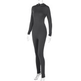 Women Winter Solid Long Sleeve Hooded Backless Sports Jumpsuit