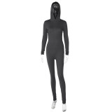 Women Winter Solid Long Sleeve Hooded Backless Sports Jumpsuit
