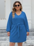 Plus Size Women Lace-Up Ribbed V-Neck Casual Dress