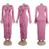 Ruffled V-Neck Lace-Up Slim Fit Long Dress