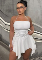 Women Solid Halter Neck Pleated Irregular Mini Dress