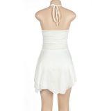 Women Solid Halter Neck Pleated Irregular Mini Dress