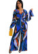 Women Sexy V Neck Long Sleeve Printed Wide Leg Jumpsuit