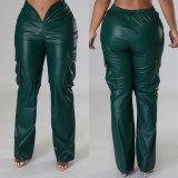 Women Casuald Pocket Stretch PU-Leather Pants