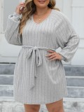 Plus Size Women Lace-Up Ribbed V-Neck Casual Dress