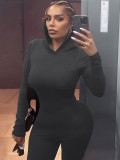 Women Winter Solid Long Sleeve Hooded Backless Sports Jumpsuit