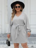 Plus Size Women Lace-Up Ribbed V-Neck Casual Dress