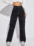 Women's Black Pocket Straight Denim Pants