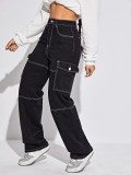 Women's Black Pocket Straight Denim Pants