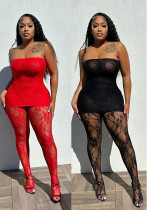 Women's Sexy Hollow Lace See-Through Strapless Night Dress And Trousers Two-Piece Set Women's Sexy Hollow Lace See-Through Strapless Night Dress And Trousers Two-Piece Set