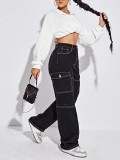 Women's Black Pocket Straight Denim Pants