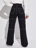 Women's Black Pocket Straight Denim Pants