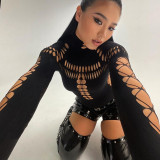 Spring Hollow Ripped Turtle Neck Slim Fit Bodysuit For Women