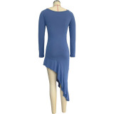 Autumn And Winter Women's Fashionable Long-Sleeved V-Neck Slim-Fit Irregular Ruffle Dress