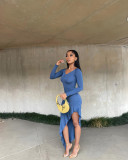 Autumn And Winter Women's Fashionable Long-Sleeved V-Neck Slim-Fit Irregular Ruffle Dress