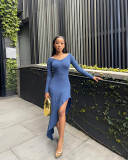 Autumn And Winter Women's Fashionable Long-Sleeved V-Neck Slim-Fit Irregular Ruffle Dress