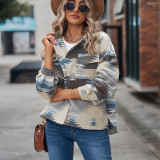 Geometric Pattern Short Loose Turndown Collar Pocket Button Women's Jacket For Women