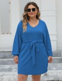 Plus Size Women Lace-Up Ribbed V-Neck Casual Dress