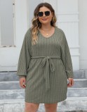 Plus Size Women Lace-Up Ribbed V-Neck Casual Dress