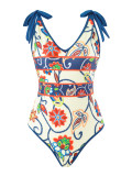 Digital Printing One-Piece Swimsuit Mesh Skirt Two Piece Swimwear For Women