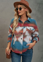 Geometric Pattern Short Loose Turndown Collar Pocket Button Women's Jacket For Women