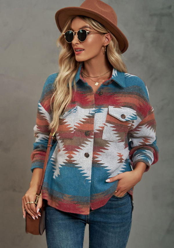 Geometric Pattern Short Loose Turndown Collar Pocket Button Women's Jacket For Women