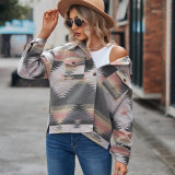 Geometric Pattern Short Loose Turndown Collar Pocket Button Women's Jacket For Women