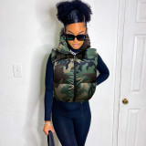 Women Autumn Camouflage Sleeveless Drawstring Style Trendy Padded Vest