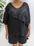 Plus Size Women Quarter Sleeve Top Ruffled Loose Sweater