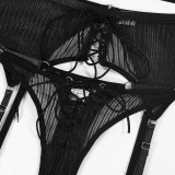 Women Striped Mesh Sexy Cross Lace-Up Sexy Lingerie Set