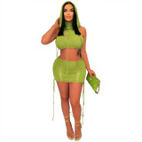 Women Casual Sleeveless Hooded Top and Beach Skirt Two-piece Set