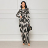 Women Irregular Print Sexy Bodycon Long Sleeve Dress