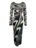 Women Irregular Print Sexy Bodycon Long Sleeve Dress