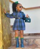Girls long sleeve plaid shirt pleated skirt