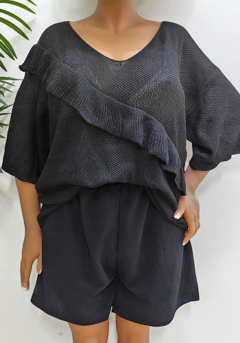 Plus Size Women Quarter Sleeve Top Ruffled Loose Sweater