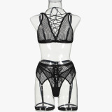 Women Striped Mesh Sexy Cross Lace-Up Sexy Lingerie Set